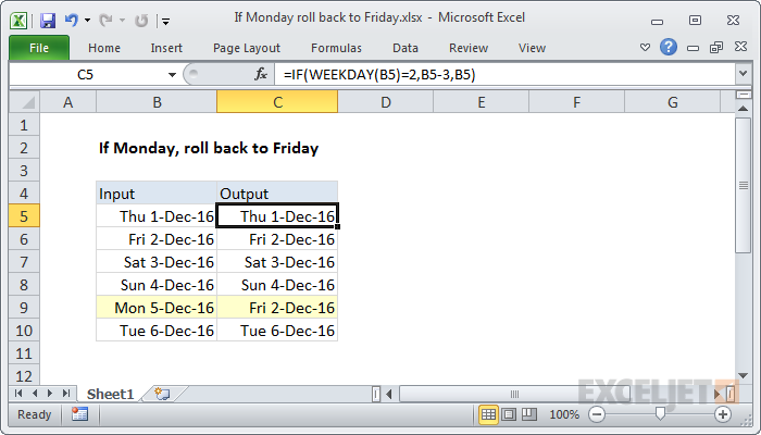 If Monday Roll Back To Friday Excel Formula Exceljet